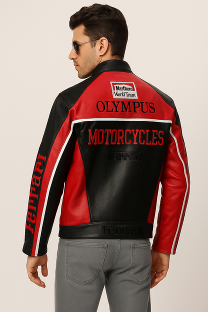 FERRARI F1 LEATHER RACING JACKET - CLASSIC MOTORSPORT ELEGANCE